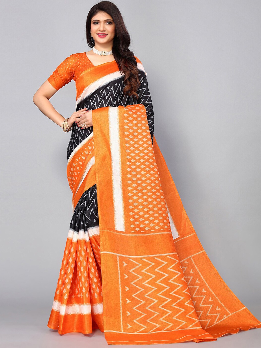 

KALINI Printed Silk Blend Saree, Orange