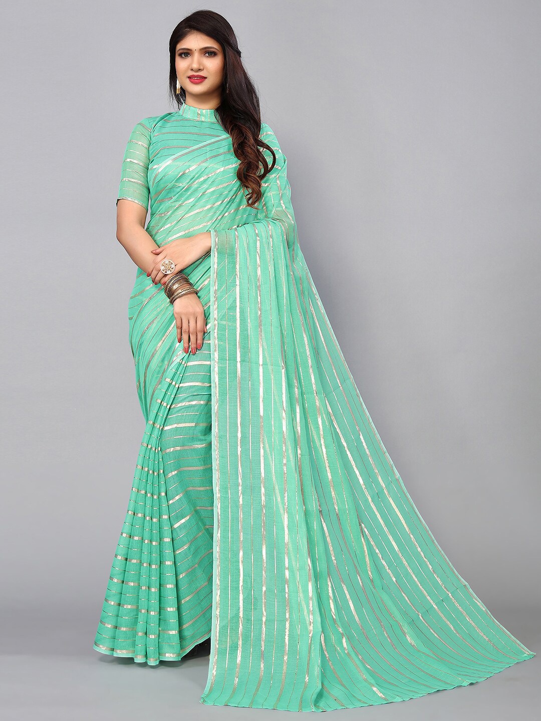 

KALINI Striped Zari Saree, Turquoise blue