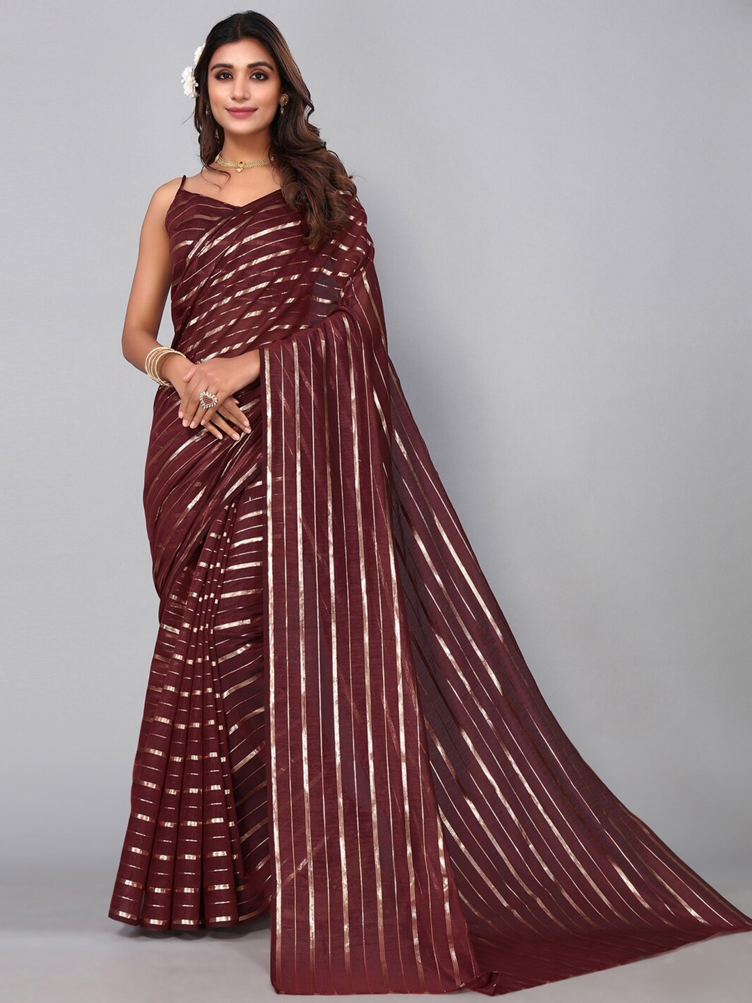 

KALINI Printed Striped Zari Saree, Maroon