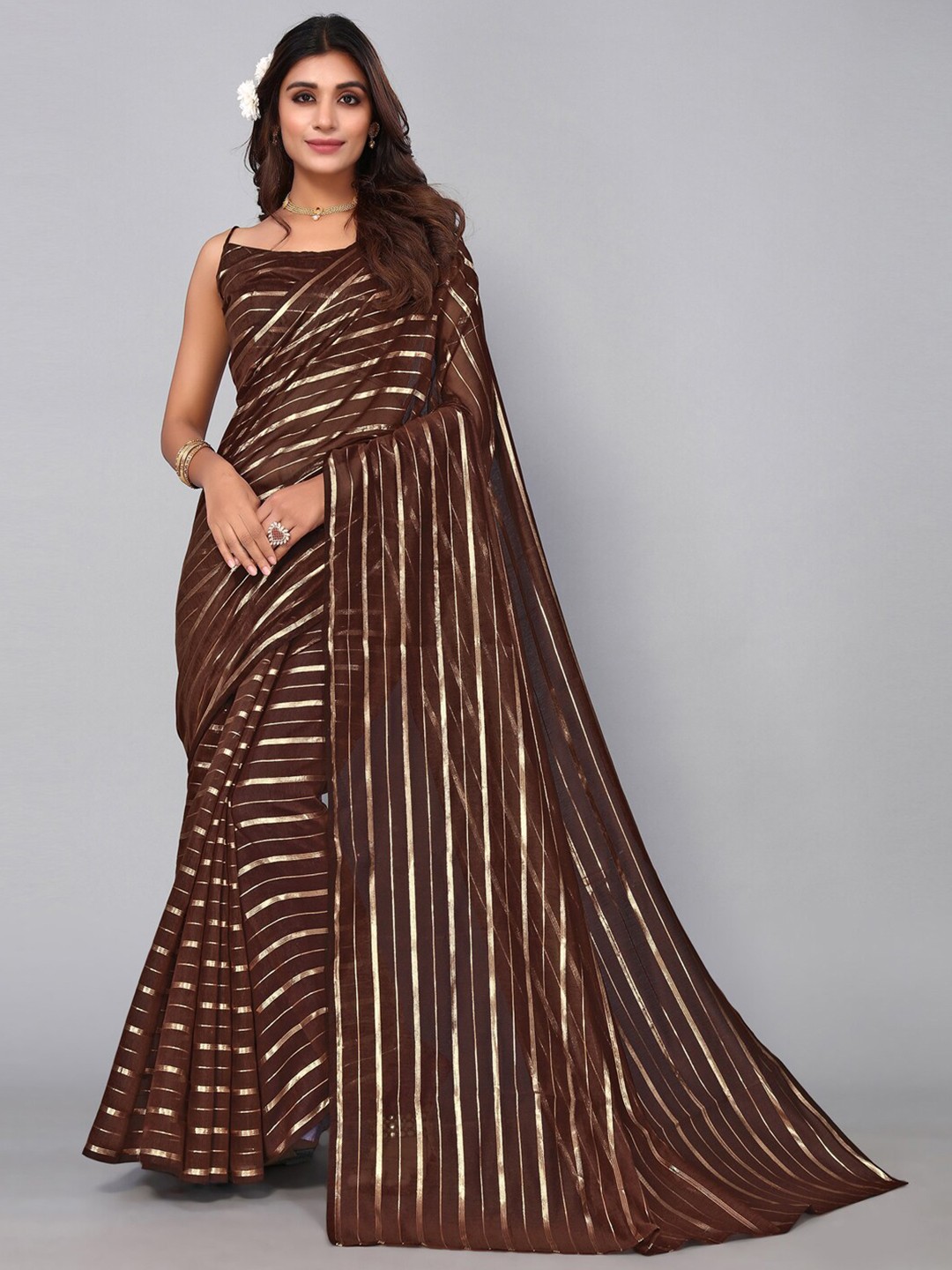 

KALINI Striped Zari Saree, Brown