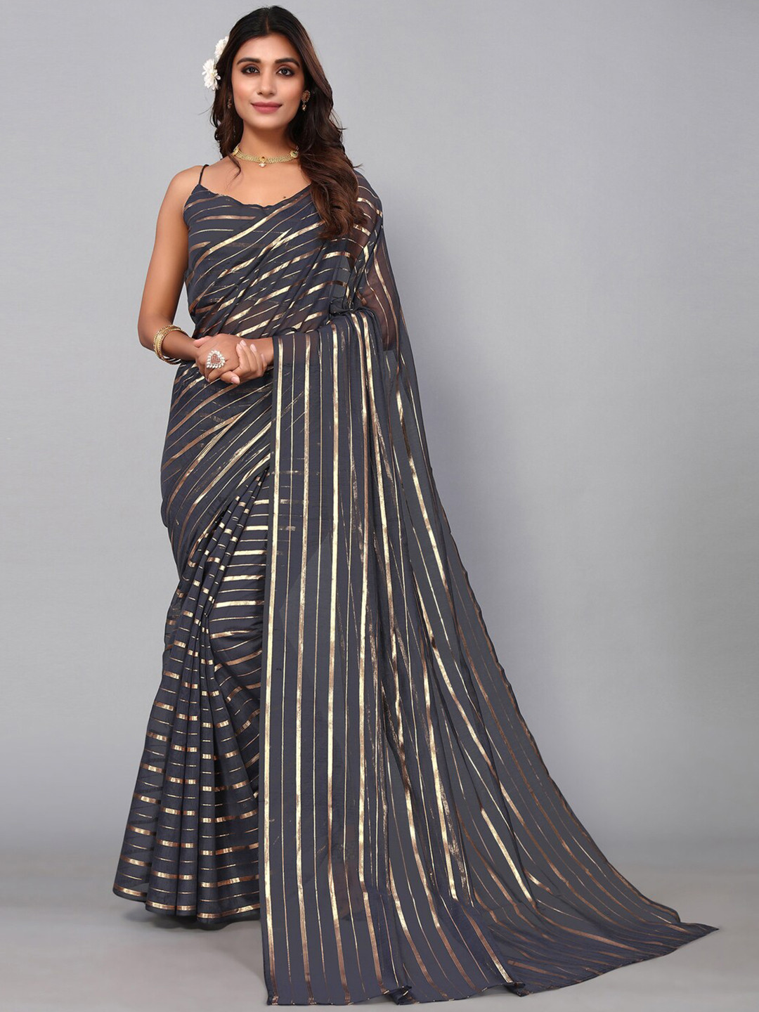 

KALINI Striped Zari Saree, Grey