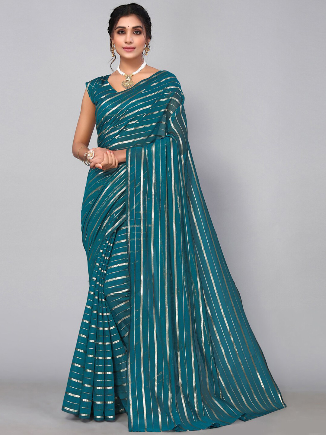 

KALINI Striped Zari Saree, Teal