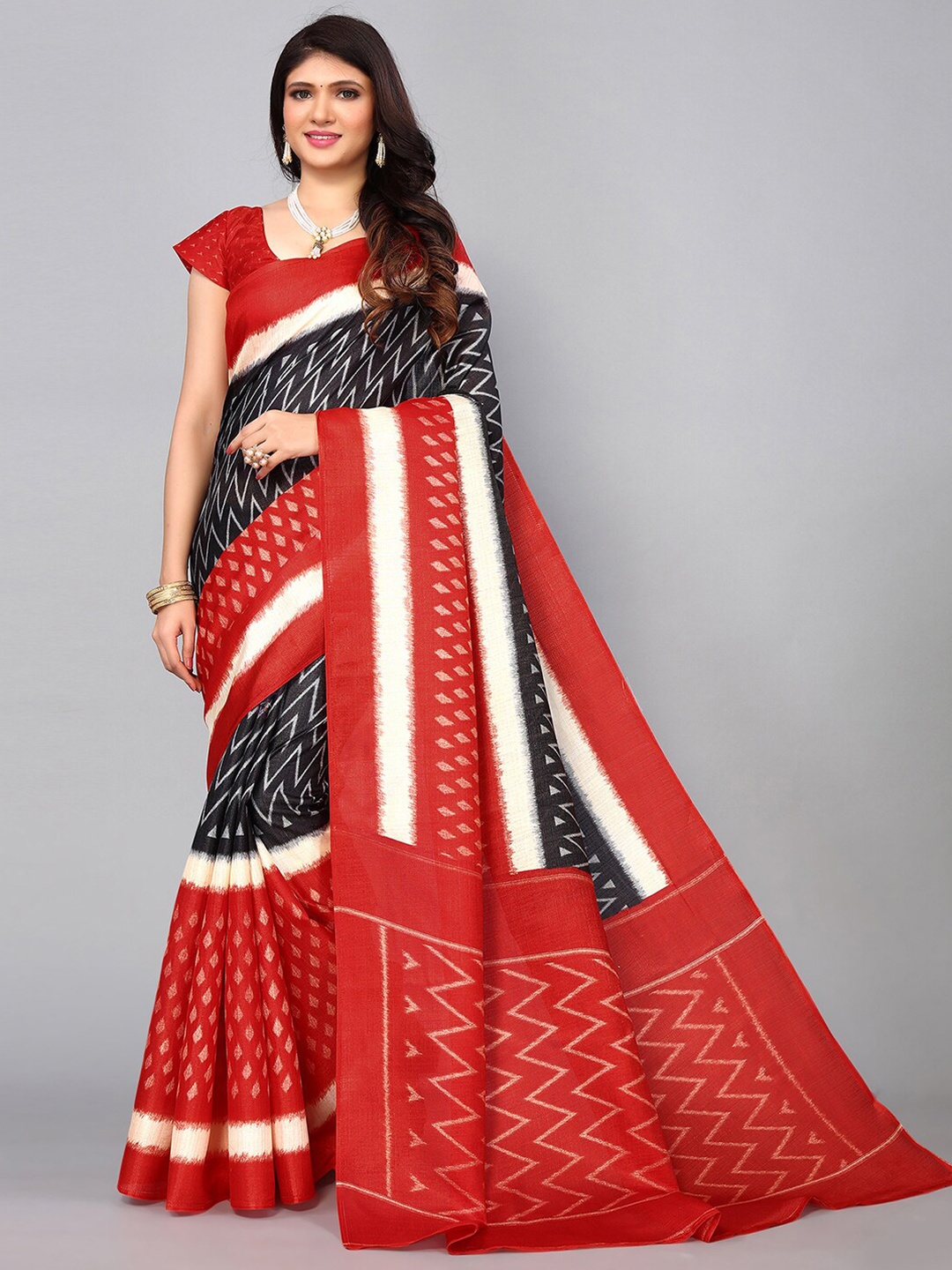 

KALINI Geometric Print Khadi Saree, Red