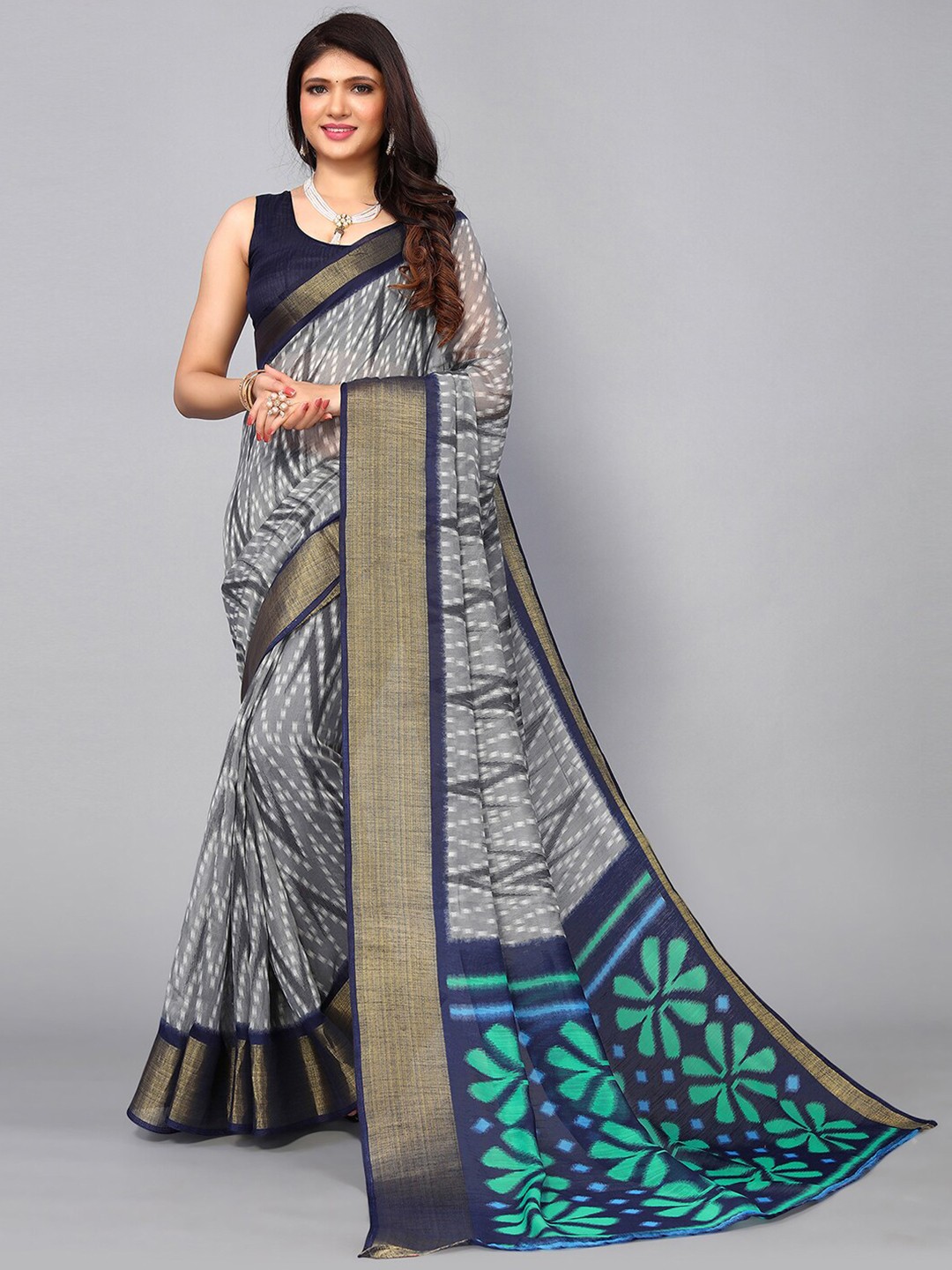 

KALINI Geometric Print Zari Saree, Navy blue