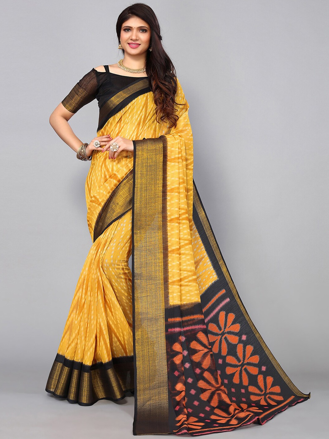 

KALINI Geometric Print Zari Saree, Mustard