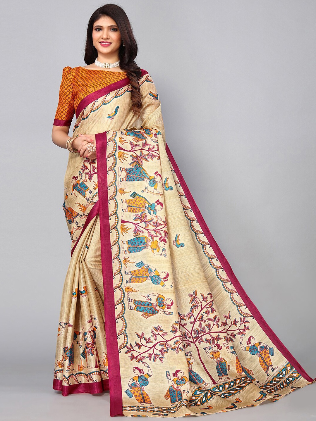 

KALINI Ethnic Motifs Printed Silk Blend Saree, Beige