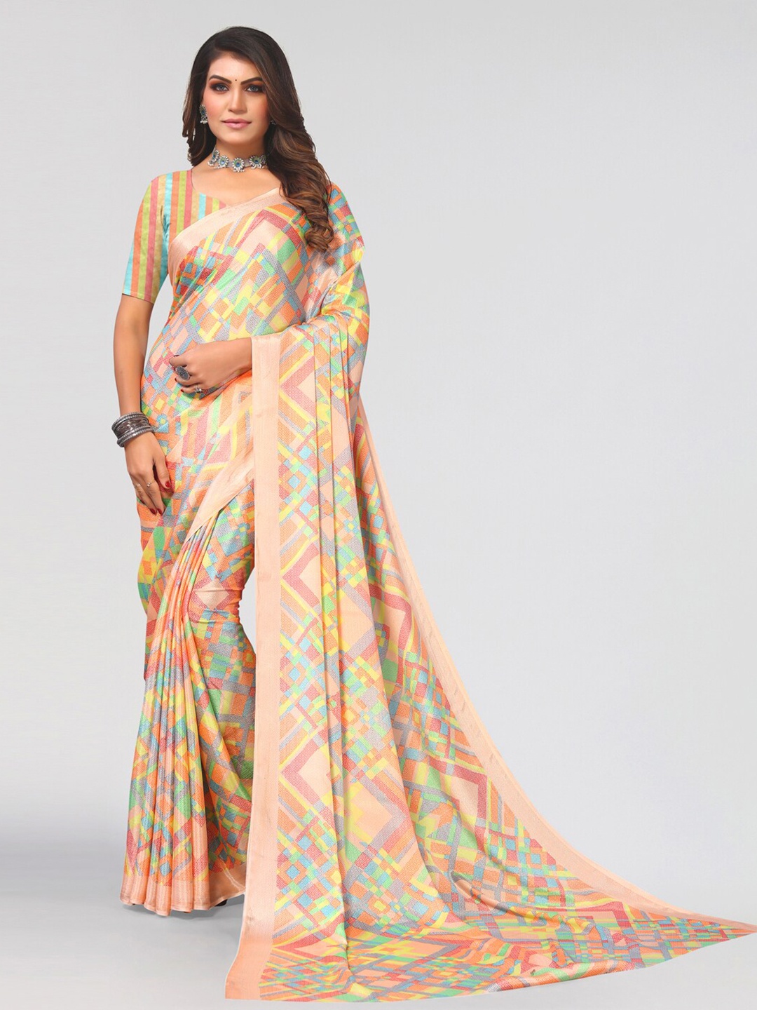 

KALINI Geometric Print Saree, Orange