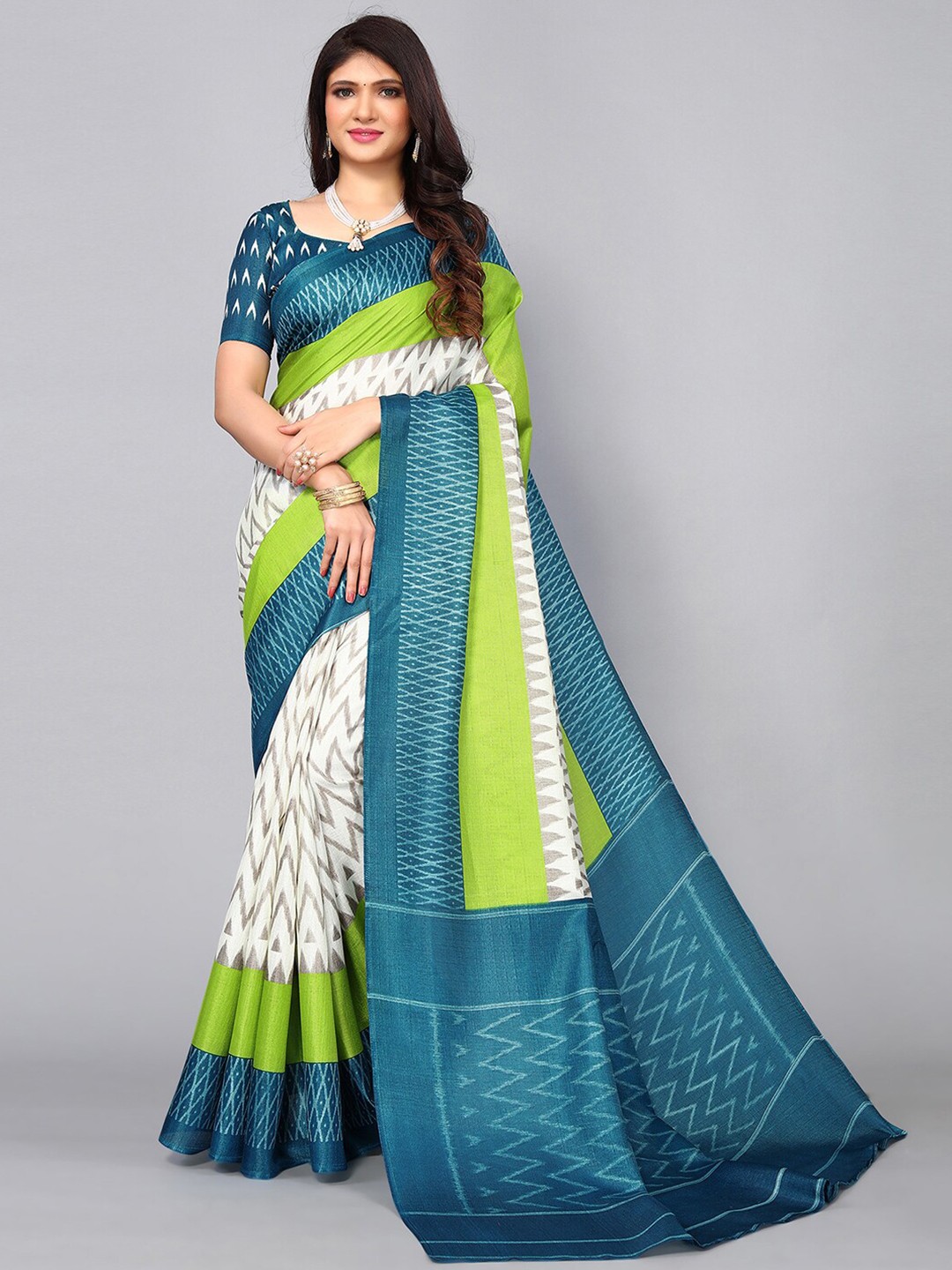 

KALINI Geometric Print Khadi Saree, Teal