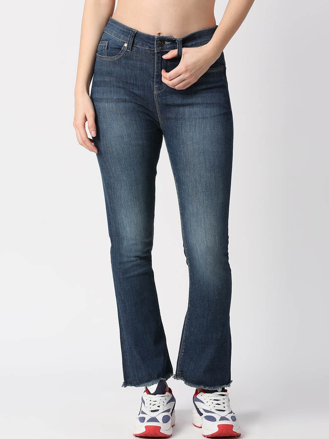 

Pepe Jeans Women Flared High-Rise Low Distress Cotton Heavy Fade Jeans, Blue