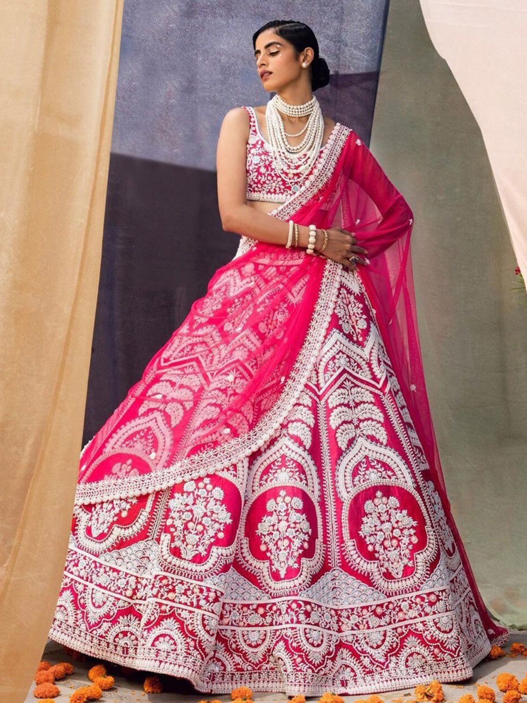 

ODETTE Embroidered Semi-Stitched Lehenga & Unstitched Blouse With Dupatta, Pink