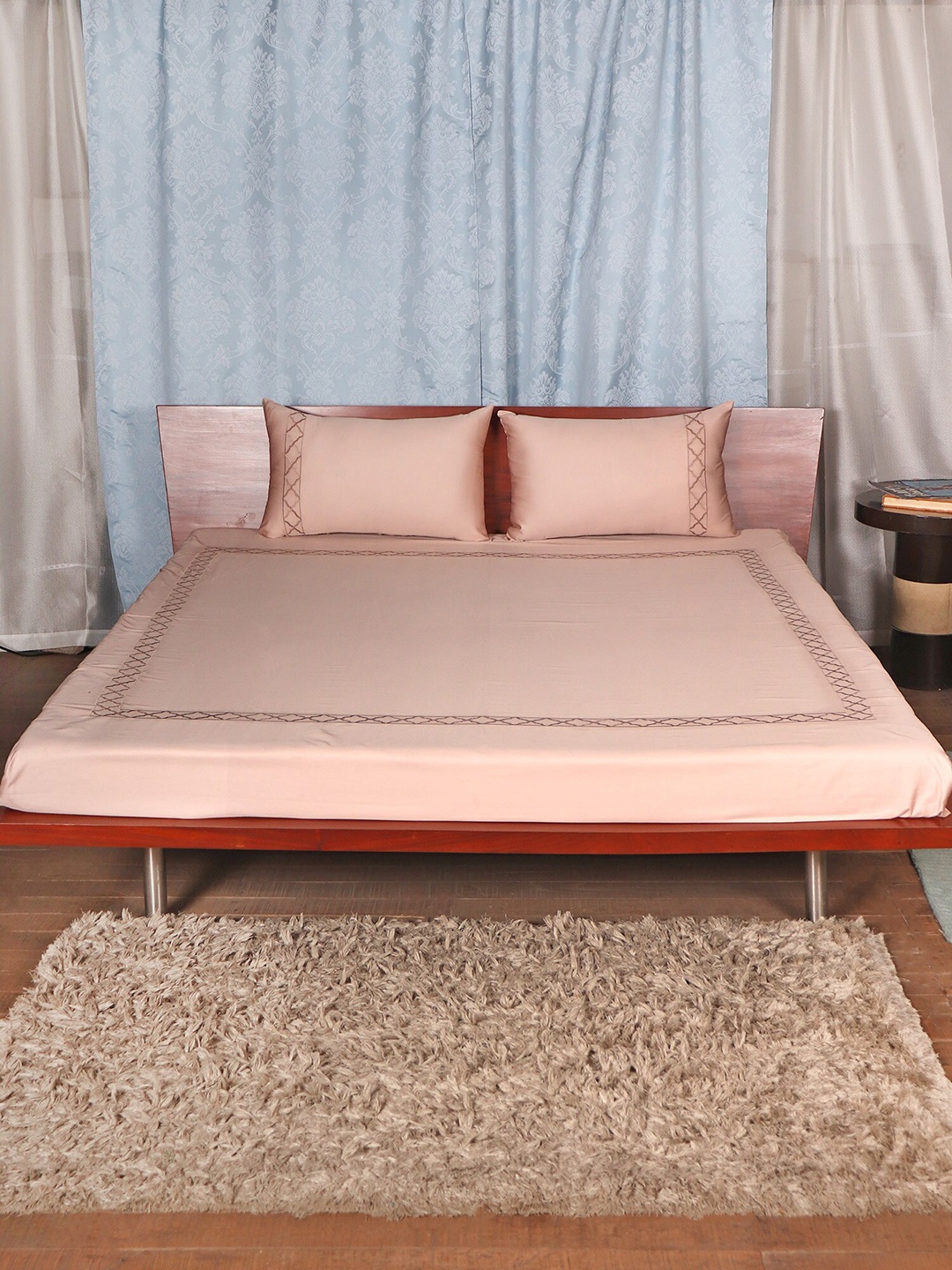 

ZEBA Pink Aari Embroidered Pure Cotton 700 TC Bedding Set