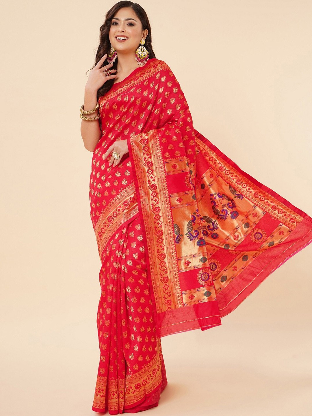 

ZIKARAA Ethnic Motifs Zari Pure Silk Banarasi Saree, Red