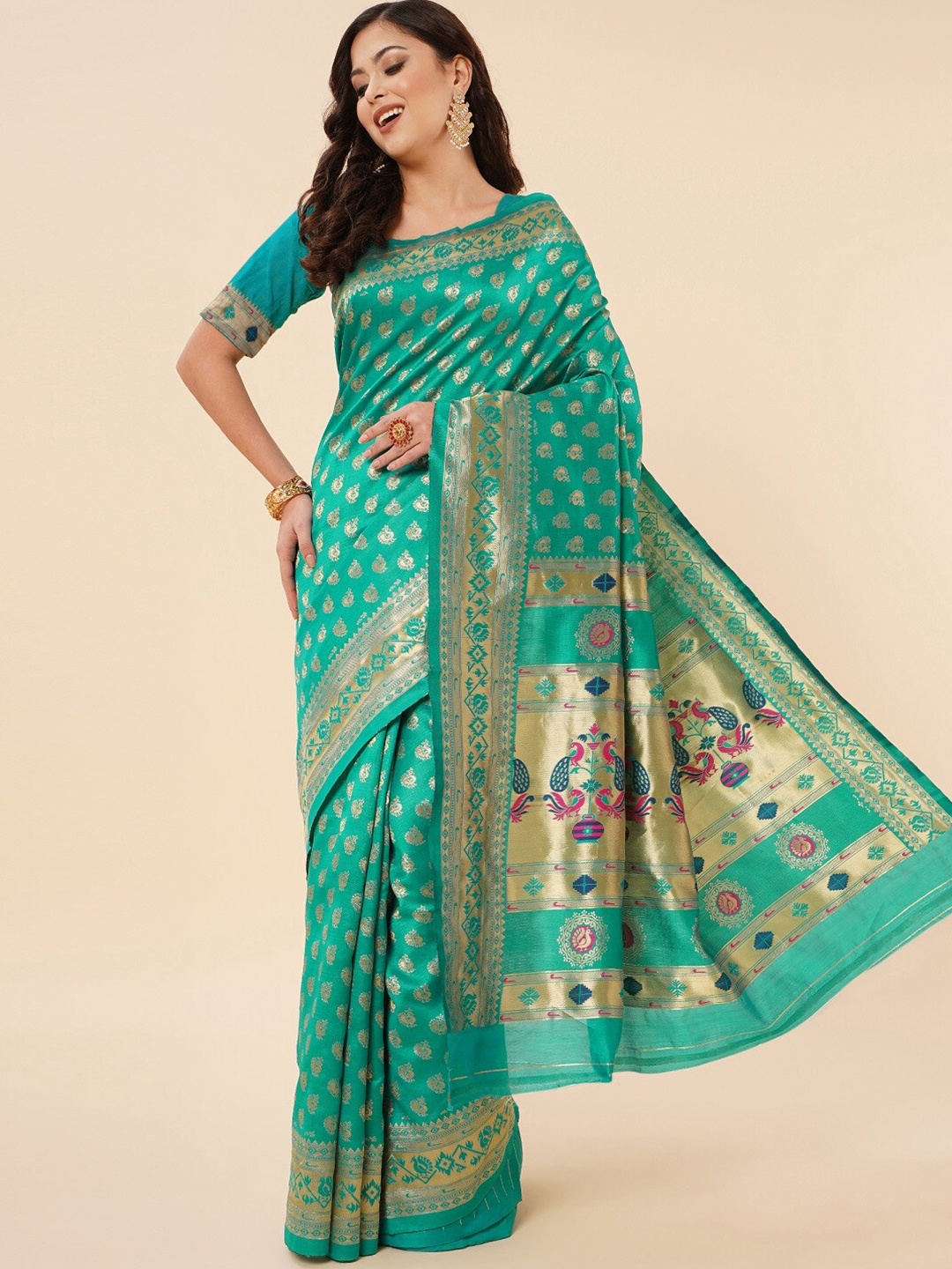 

ZIKARAA Ethnic Motifs Zari Pure Silk Banarasi Saree, Sea green