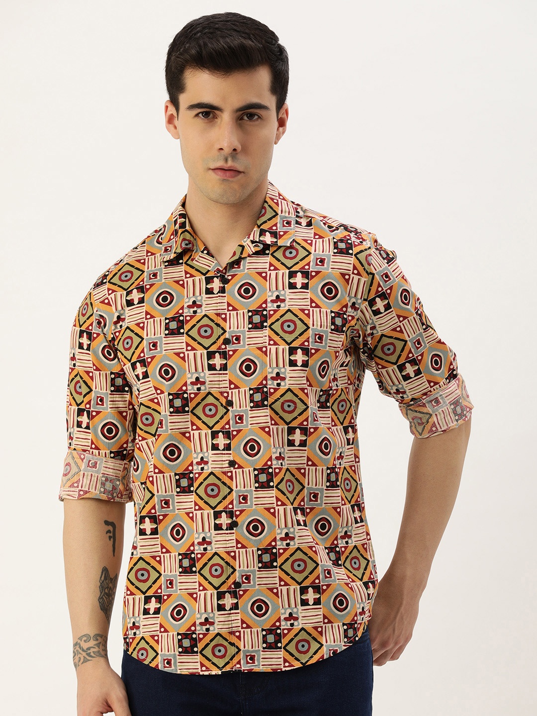 

Bene Kleed Men Slim Fit Tribal Printed Casual Shirt, Beige