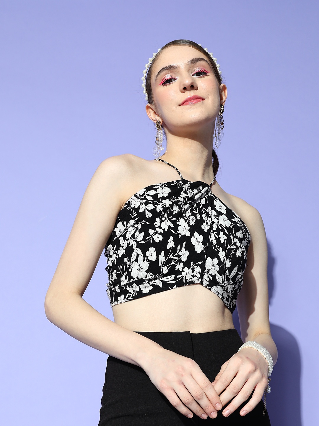 

Prakrti Floral Print Halter Neck Bralette Crop Top, Black