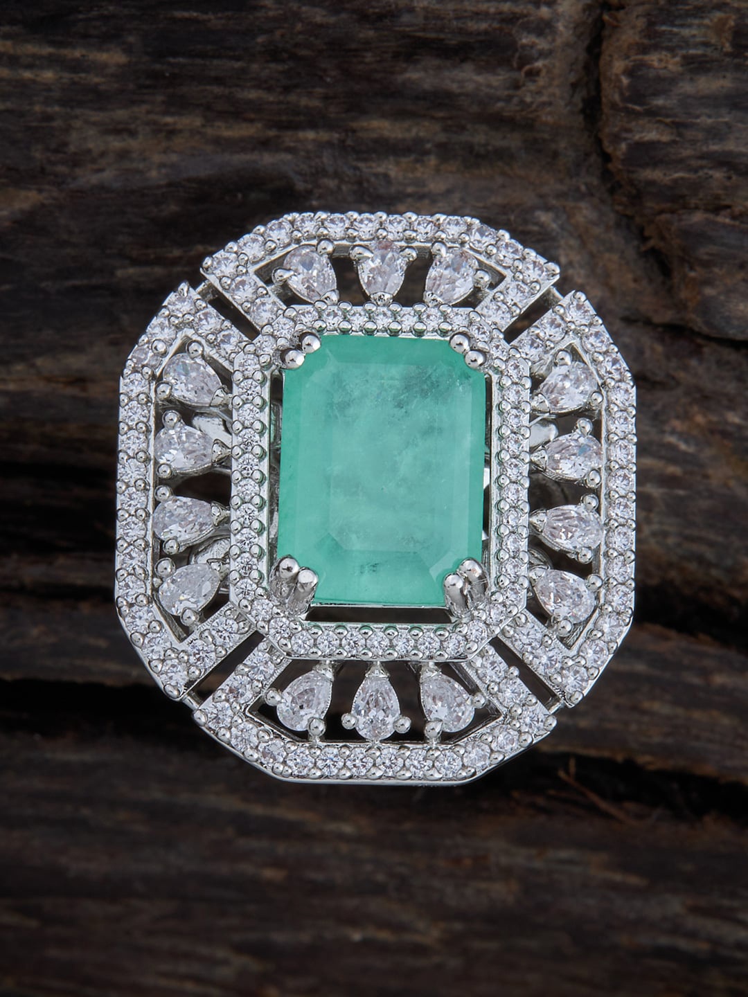 

Kushal's Fashion Jewellery Rhodium-Plated CZ Studded Adjustable Finger Ring, Sea green