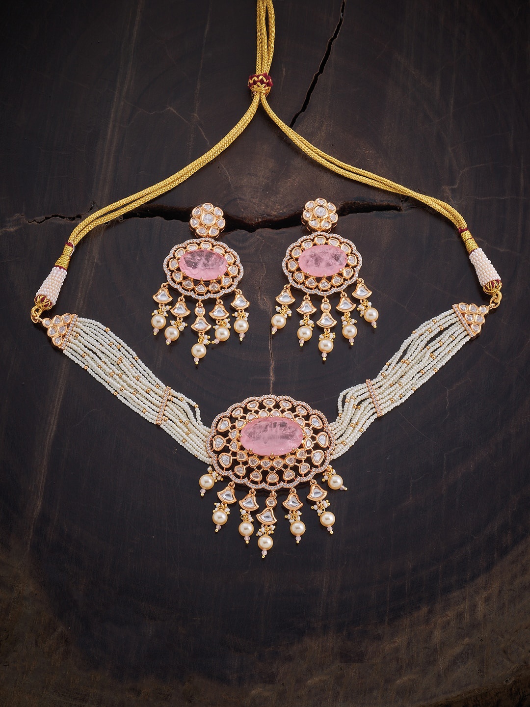 

Kushal's Fashion Jewellery Kundan Studded Vilandi Jewellery Set, Pink