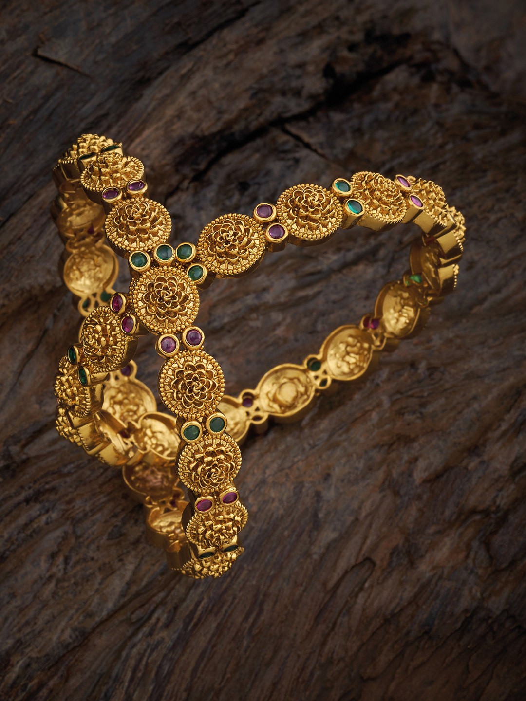 

Kushal's Fashion Jewellery Set Of 2 Stone-Studded Bangles, Gold