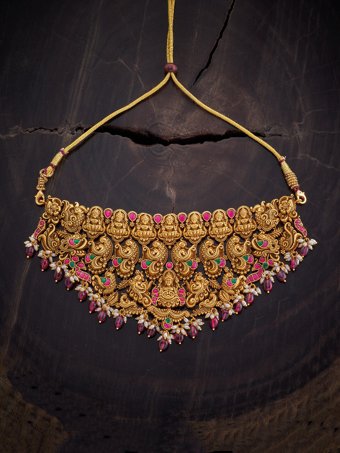 

Kushal's Fashion Jewellery Red & Green Silver Gold-Plated Antique Necklace
