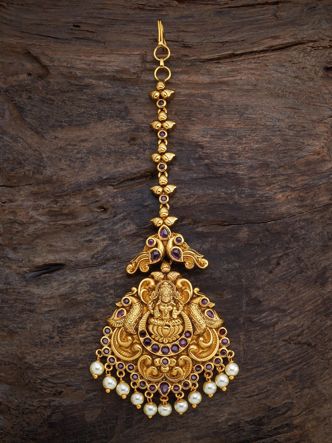 

Kushal's Fashion Jewellery Gold Plated Stones-Studded Antique Maangtikka, Red
