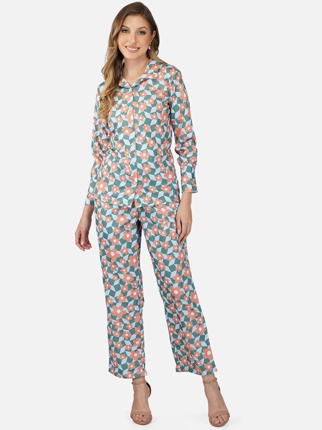 

Tinted Women Printed Shirt & Trouser Co-Ord Set, Green