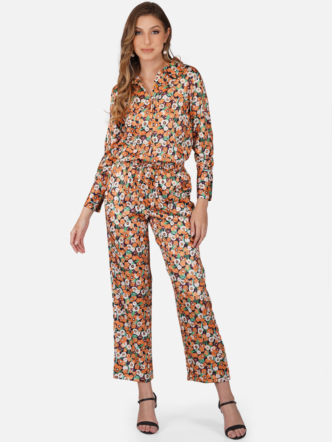 

Tinted Women Floral Print Shirt & Trouser Co-Ord Set, Mustard