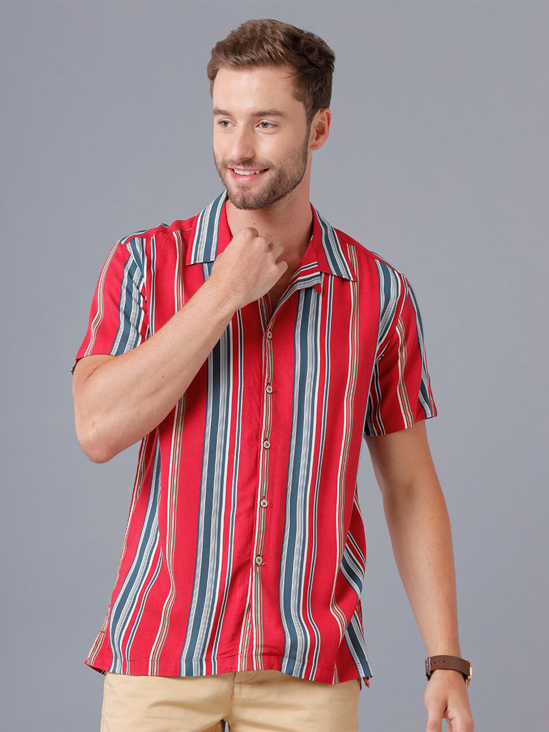 

YOVISH Men Slim Fit Horizontal Stripes Striped Casual Shirt, Red