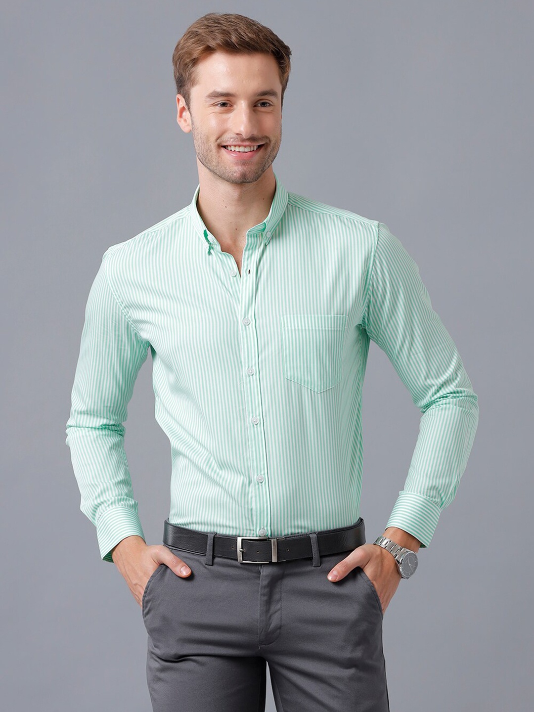 

YOVISH Men Smart Slim Fit Vertical Striped Formal Cotton Shirt, Sea green
