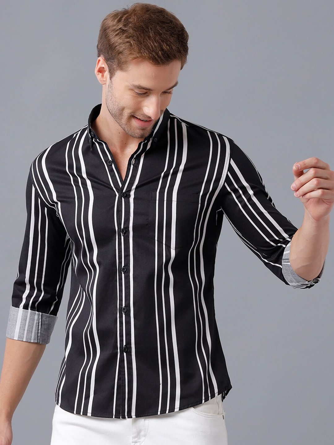 

YOVISH Men Slim Fit Striped Semiformal Cotton Shirt, Black