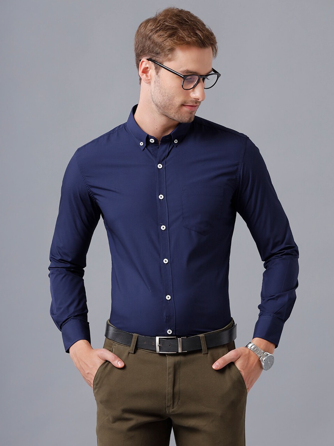 

YOVISH Men Smart Slim Fit Semiformal Cotton Shirt, Navy blue