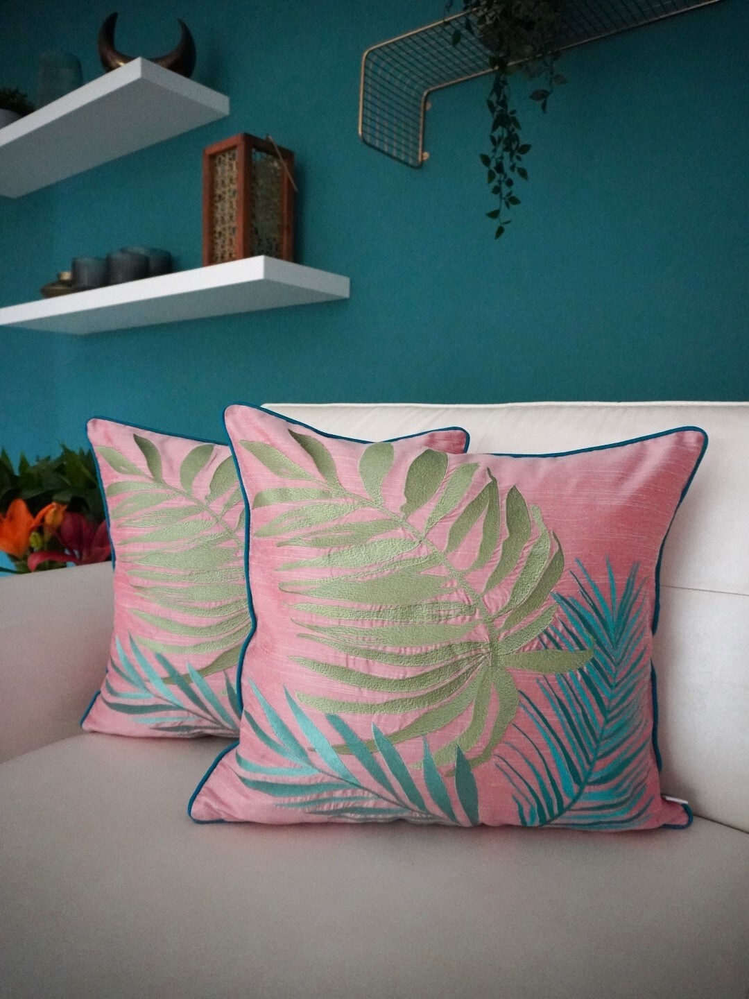 

TARA- Sparkling Homes Pink & Green Set of 2 Abstract Square Cushion Covers