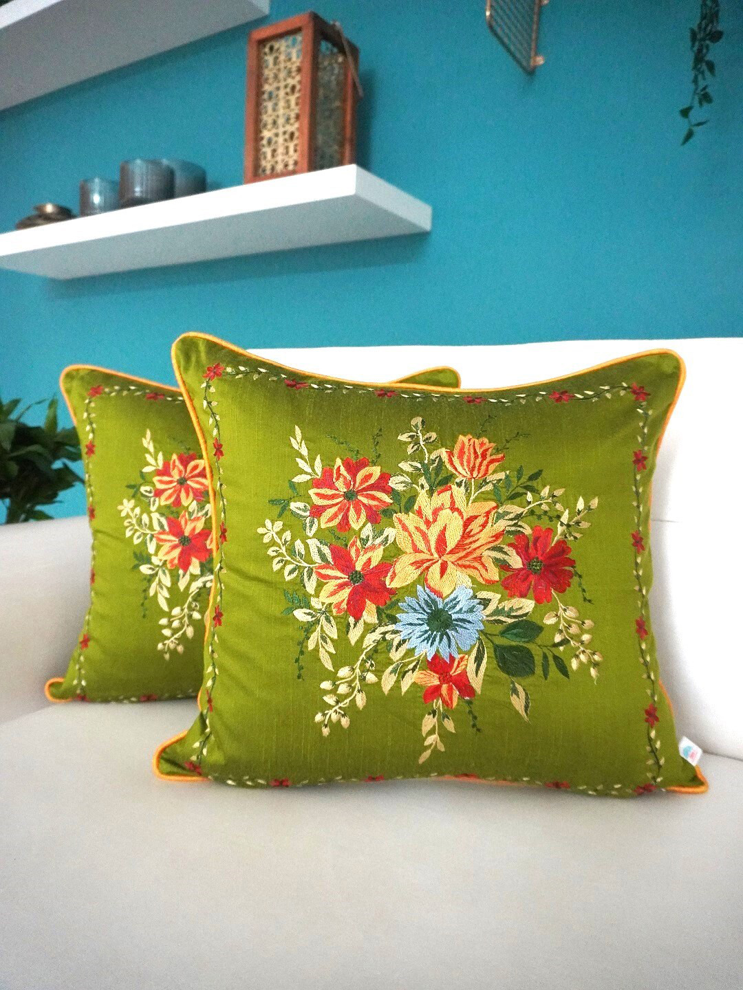 

TARA- Sparkling Homes Green & Red Set of 2 Floral Square Cushion Covers