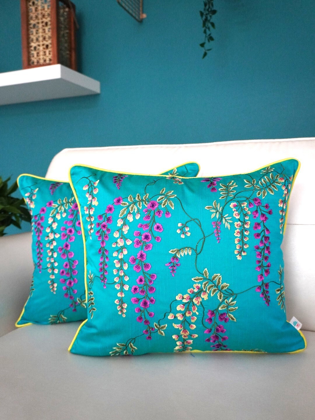 

TARA- Sparkling Homes Blue & Green Set of 2 Floral Square Cushion Covers