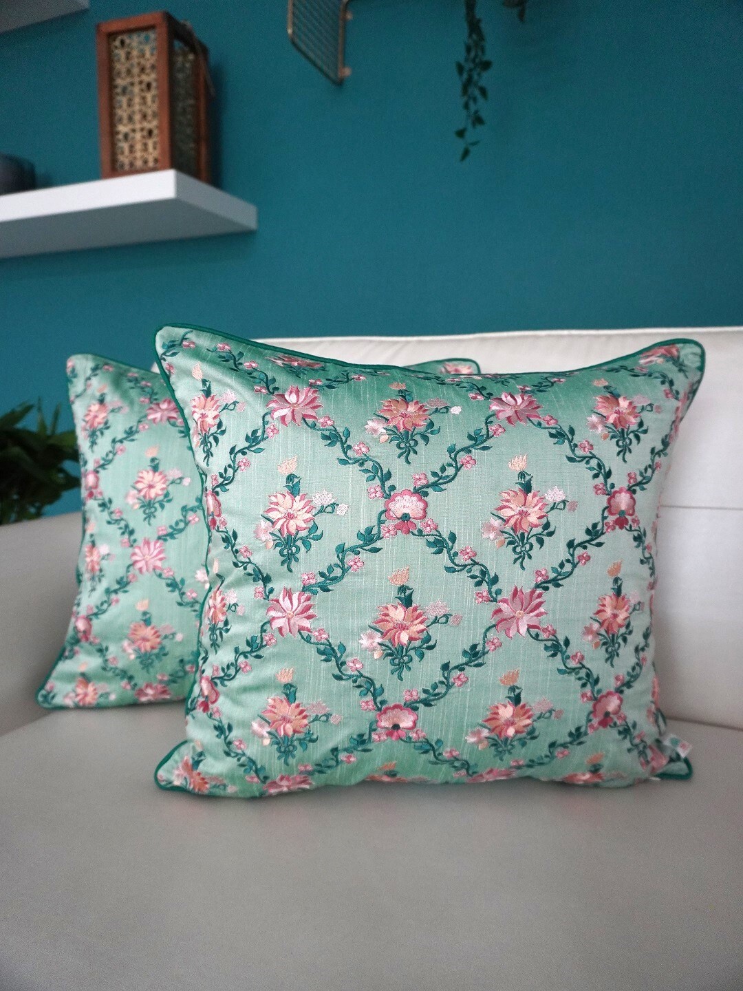 

TARA- Sparkling Homes Green & Pink Set of 2 Floral Square Cushion Covers