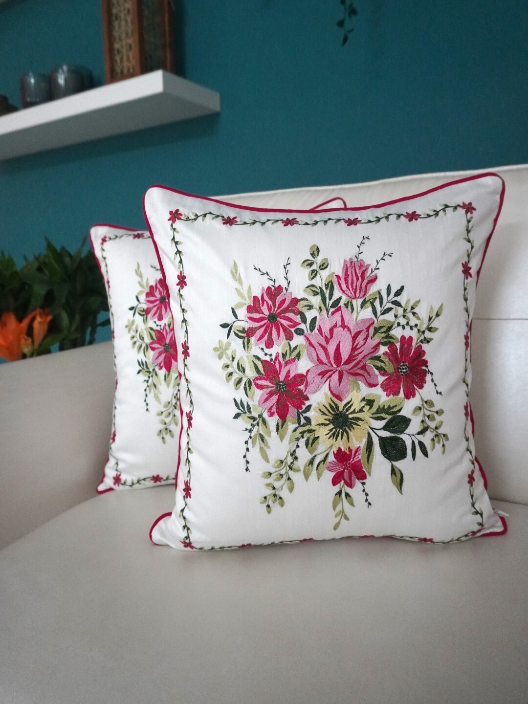 

TARA- Sparkling Homes White & Pink Set of 2 Floral Square Cushion Covers