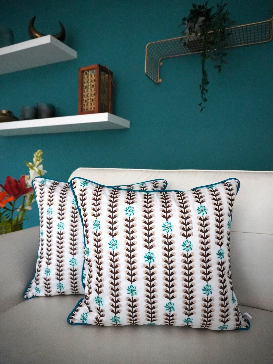 

TARA- Sparkling Homes White & Blue Set of 2 Floral Square Cushion Covers