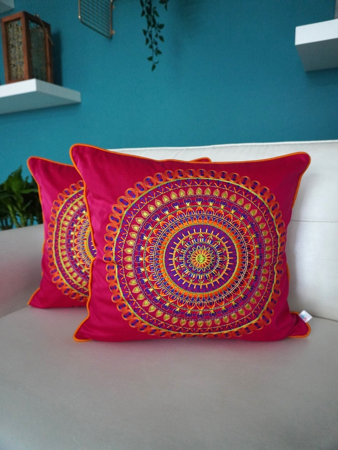

TARA- Sparkling Homes Pink & Green Set of 2 Floral Square Cushion Covers