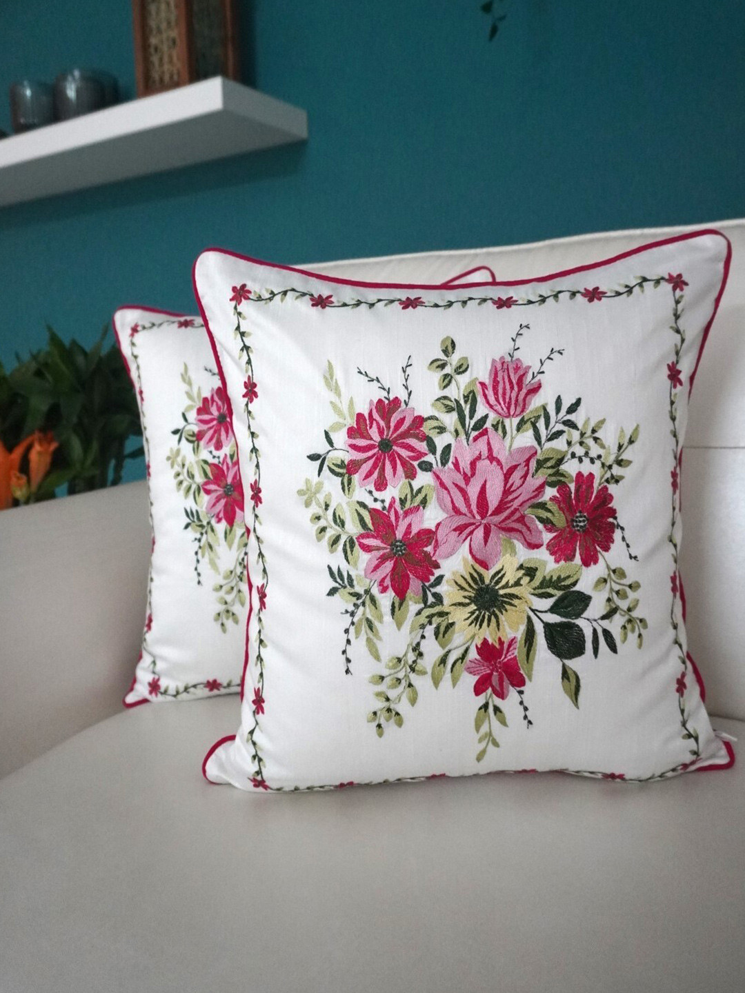 

TARA- Sparkling Homes White & Pink Set of 2 Floral Square Cushion Covers