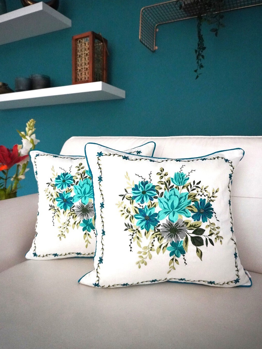 

TARA- Sparkling Homes White & Blue Set of 2 Floral Square Cushion Covers