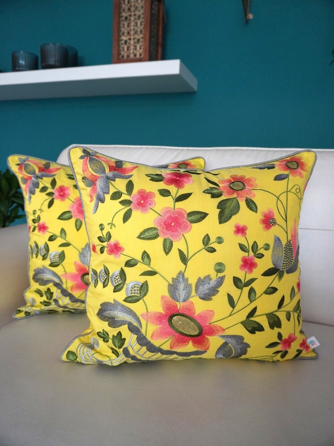 

TARA- Sparkling Homes Yellow & Green Set of 2 Floral Square Cushion Covers