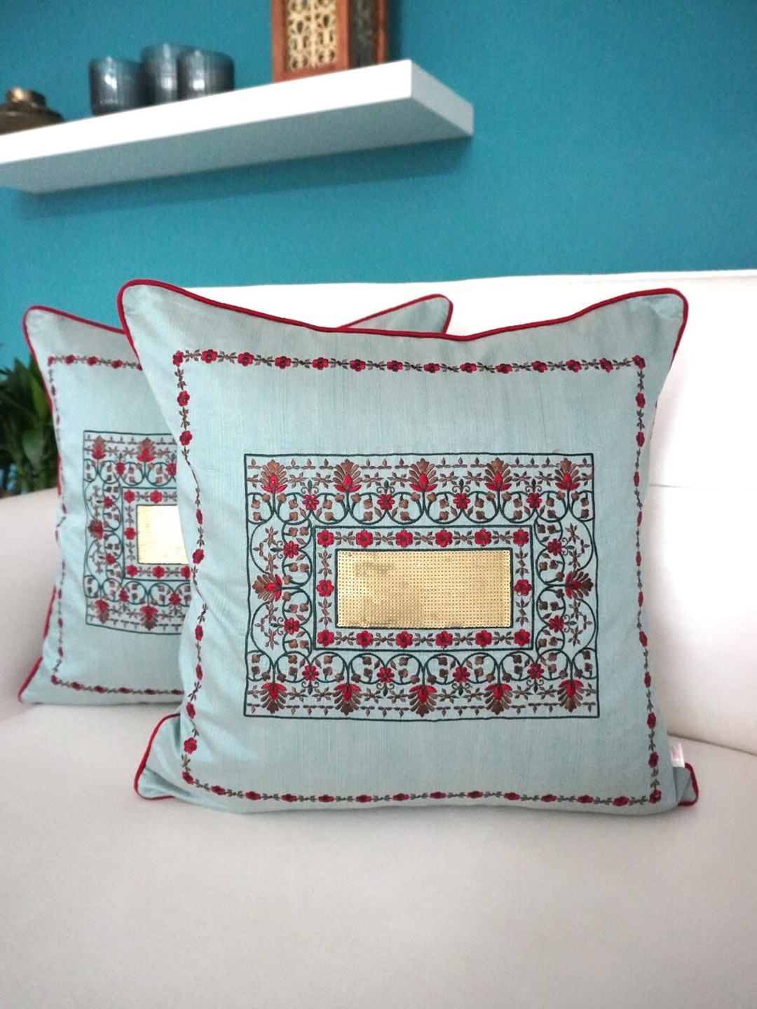 

TARA- Sparkling Homes Grey & Red Set of 2 Floral Square Cushion Covers