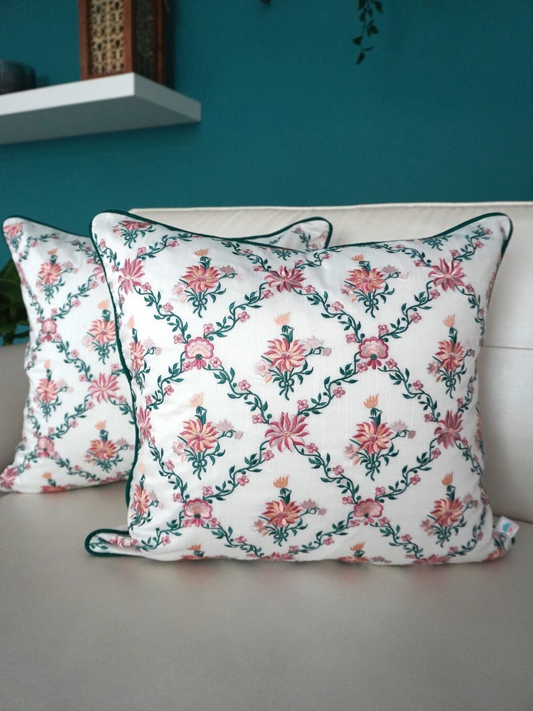 

TARA- Sparkling Homes White & Blue Set of 2 Floral Square Cushion Covers