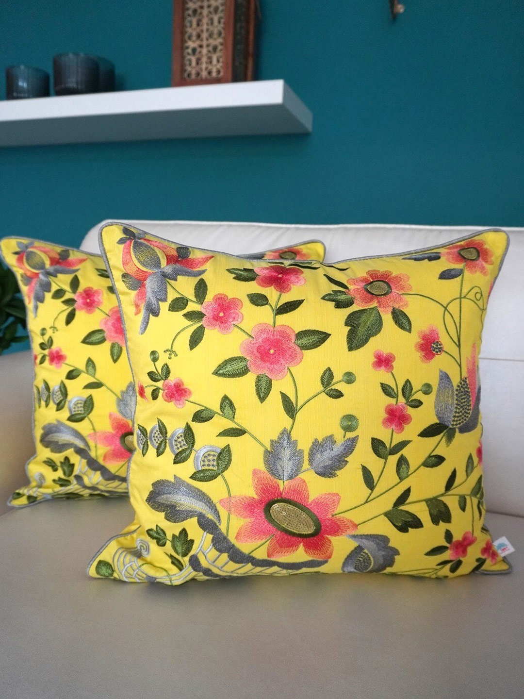 

TARA- Sparkling Homes Yellow & Green Set of 2 Floral Square Cushion Covers
