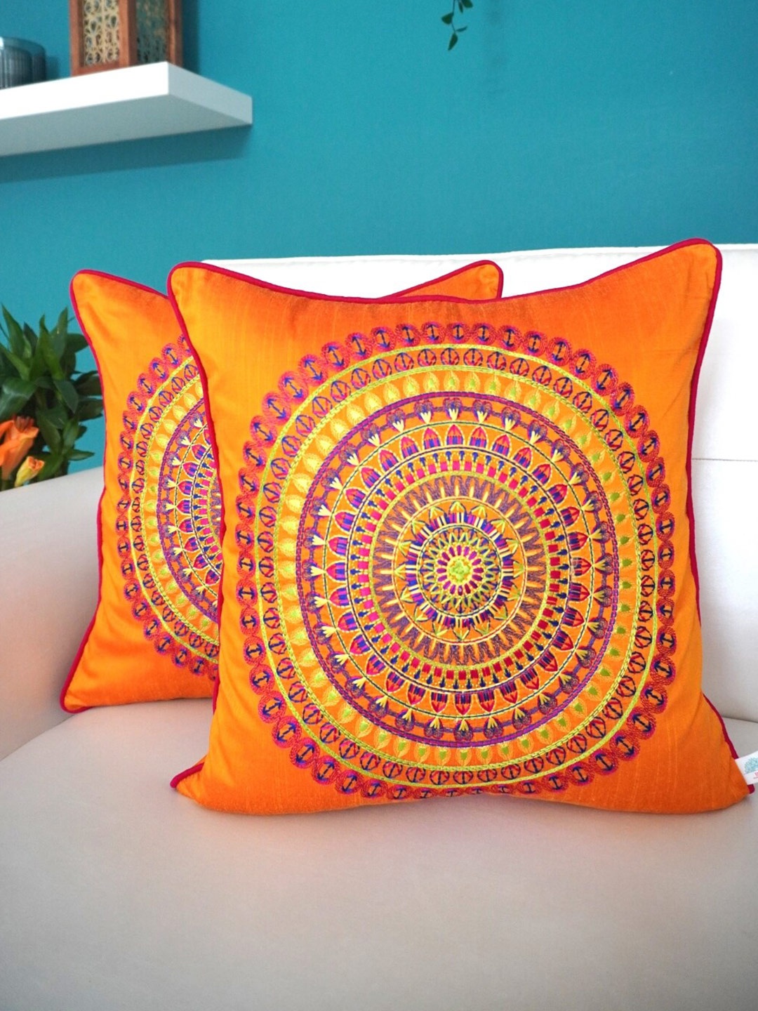 

TARA- Sparkling Homes Orange & Blue Set of 2 Floral Square Cushion Covers