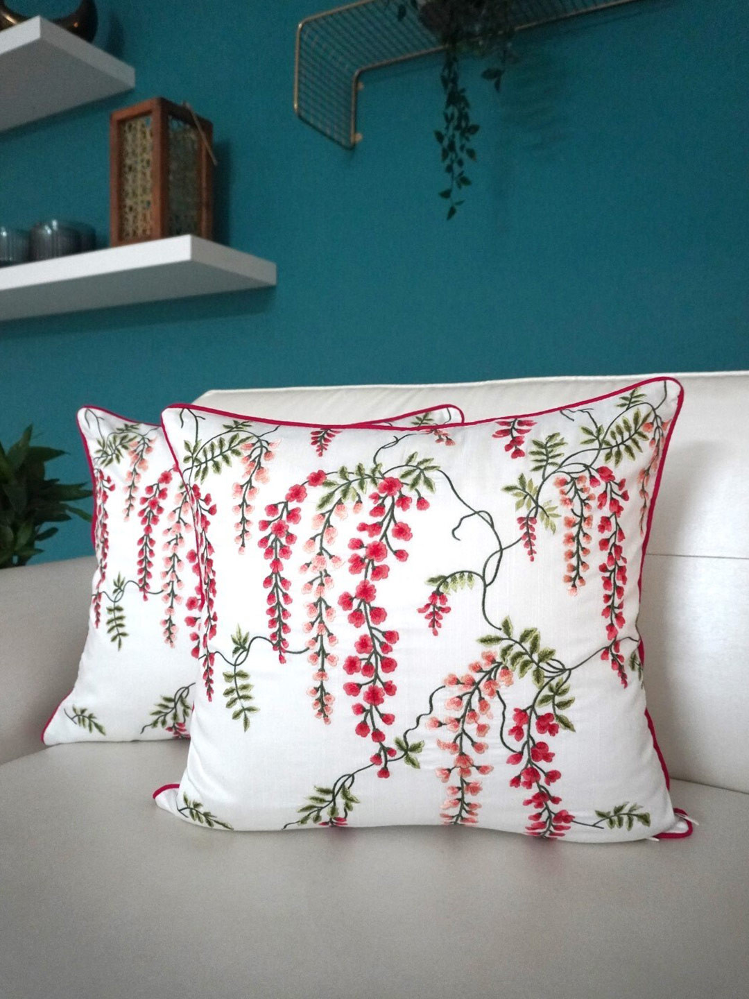 

TARA- Sparkling Homes White & Pink Set of 2 Floral Square Cushion Covers