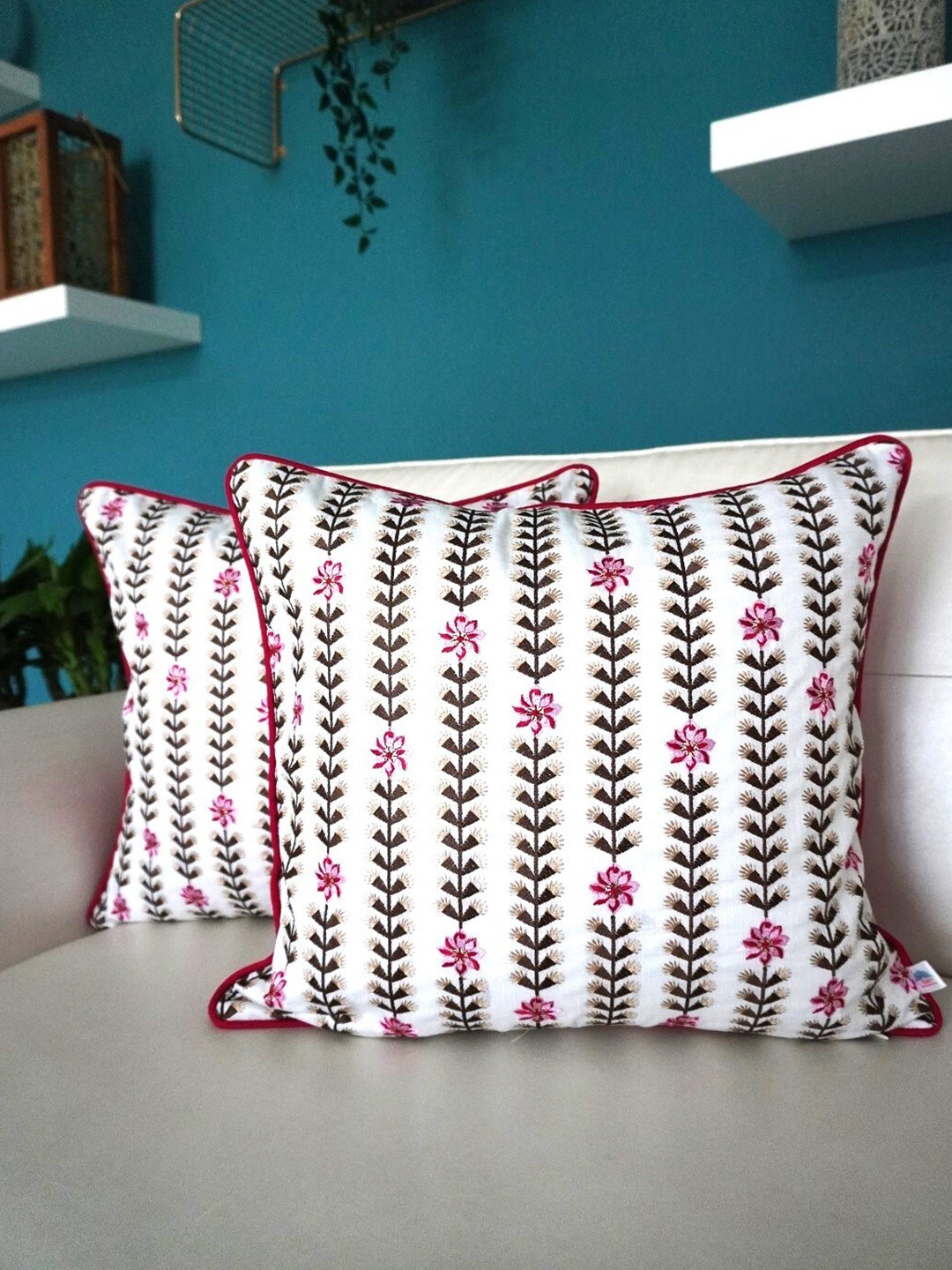 

TARA- Sparkling Homes Pink & White Set of 2 Floral Square Cushion Covers
