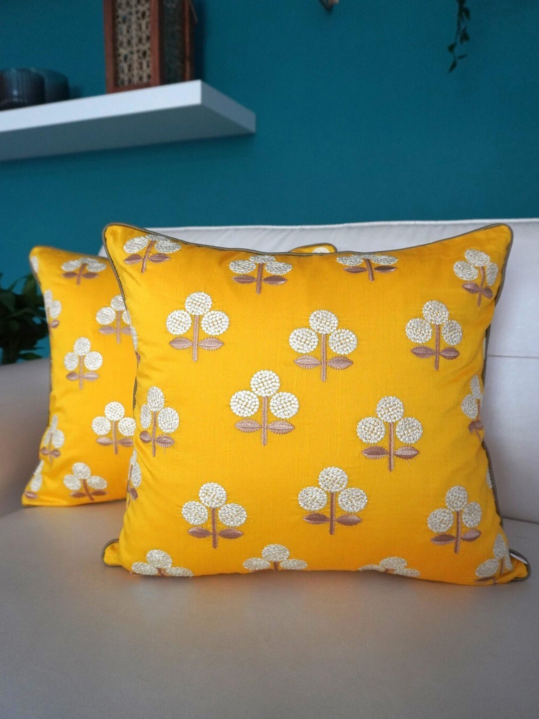 

TARA- Sparkling Homes Yellow & White Set of 2 Floral Square Cushion Covers