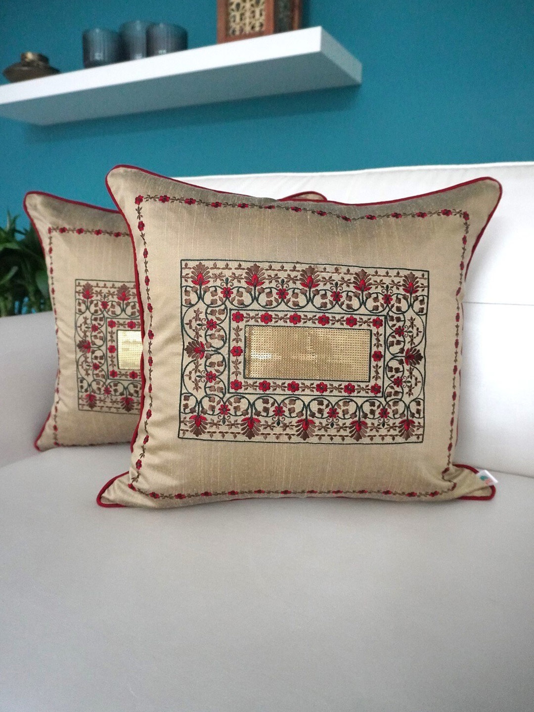 

TARA- Sparkling Homes Gold-Toned & Red Set of 2 Floral Square Cushion Covers