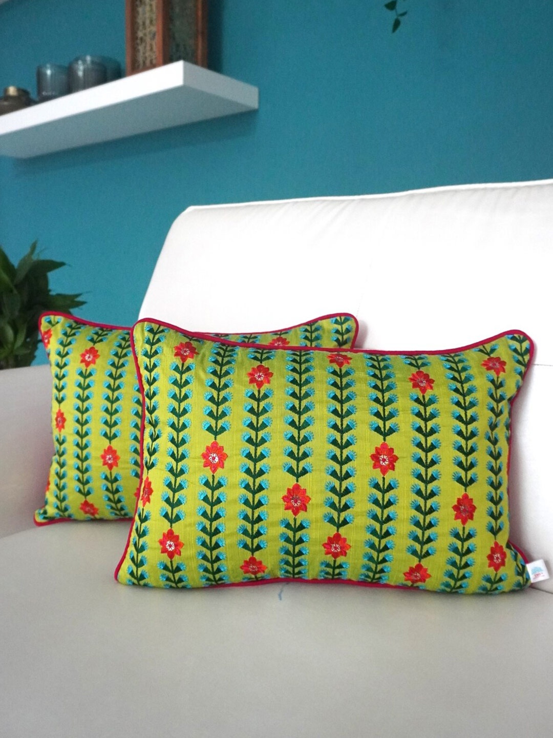 

TARA- Sparkling Homes Green & Blue Set of 2 Floral Rectangle Cushion Covers