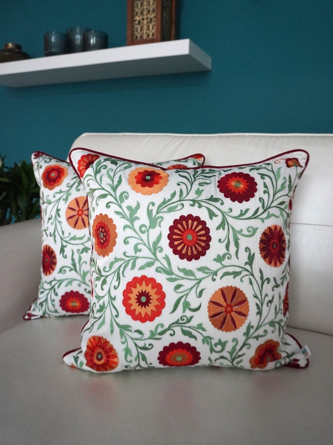 

TARA- Sparkling Homes White & Green Set of 2 Floral Square Cushion Covers